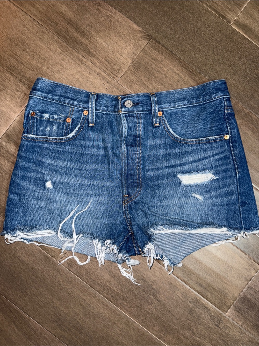 Levi's 501 Distressed Raw Hem Denim Cut Off Shorts Button Fly SZ 31 - Picture 2 of 9